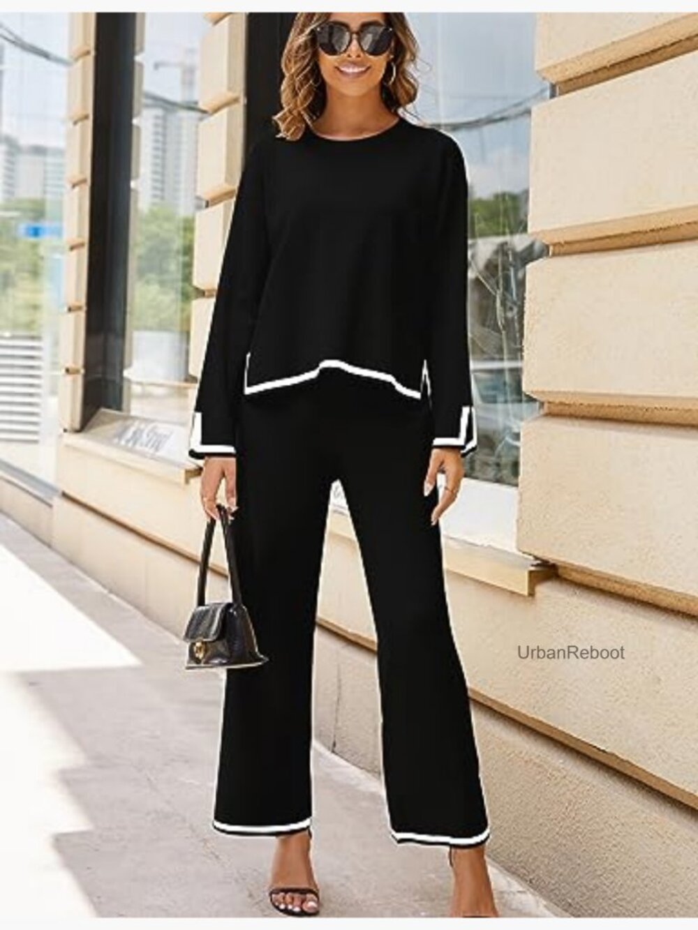 Women's 2 Piece Lounge Set Long Sleeve Knit Top Wide Leg Pants Tracksuit - Picture 2 of 7